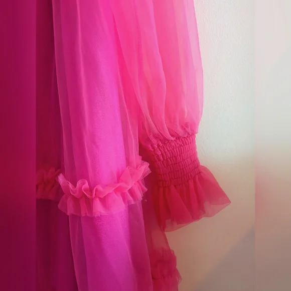 SHEIN Plus Ruffle Hem Shirred Flounce Sleeve Mesh Dress Hot Pink - Picture 3 of 5
